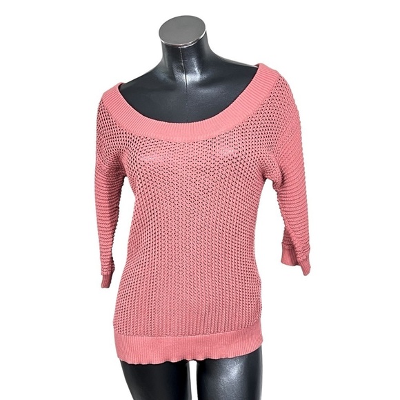 CALVIN KLEIN Brick Orange 3/4 Sleeves Open Knit Scoop Neck Sweater Top Women's S - Picture 1 of 16